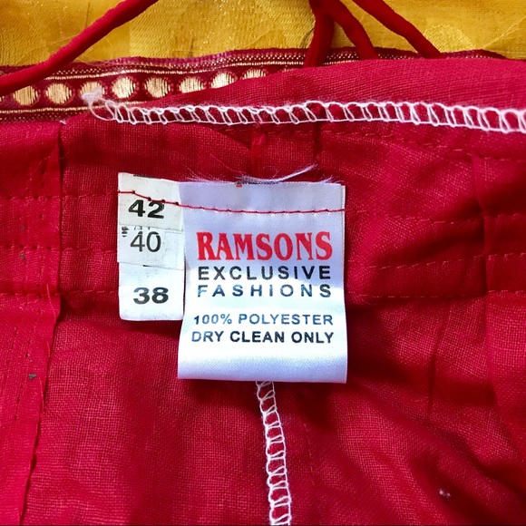 Yellow and blue embroidered Saree w/ red blouse - Picture 7 of 8